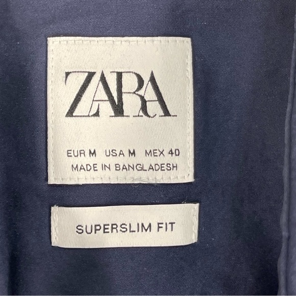 Zara Mens Large Super Slim Fit Navy Blue Short Sleeve Button Front Shirt Medium - Picture 3 of 5